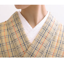 画像をギャラリービューアに読み込む, 洗える着物 阿波しじら【生成地に紺黒オレンジ格子】 No,85 女性用 13m しじら織 反物 夏着物 単衣着物 ゆかた 木綿 フルオーダー お仕立て 普段着 湯通し済み 着付け 着物 浴衣 和装 レディース 家庭洗濯可 クリーム色 ベージュ