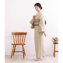 画像をギャラリービューアに読み込む, 洗える着物 阿波しじら【生成地に紺黒オレンジ格子】 No,85 女性用 13m しじら織 反物 夏着物 単衣着物 ゆかた 木綿 フルオーダー お仕立て 普段着 湯通し済み 着付け 着物 浴衣 和装 レディース 家庭洗濯可 クリーム色 ベージュ