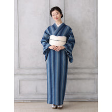 画像をギャラリービューアに読み込む, 洗える着物 阿波しじら【紺水色縦縞グラデーション】 No,98 女性用 13m しじら織 反物 夏着物 単衣着物 ゆかた 木綿 フルオーダー お仕立て 普段着 湯通し済み 着付け 着物 浴衣 和装 レディース 家庭洗濯可 黄 紺 ネイビー 緑