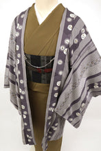 画像をギャラリービューアに読み込む, 新品 羽織 変り縞にお野菜の丸文 カジュアル 紫鼠色 地紋入 正絹着物上 きもの 和装 CP3-8