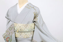画像をギャラリービューアに読み込む, 【中古】長尺 豪華【汕頭刺繍】訪問着 松川菱に宝相華 灰青 フォーマル 身丈163.5cm 裄丈65.5cm 袷正絹着物 HA12-3 lsize トールサイズ リサイクル着物 街着 観劇 外出着 女子会 ランチ 普段着物