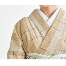 画像をギャラリービューアに読み込む, 阿波コットンウール 【薄花色にクリーム変わり格子】 az1 木綿とウール 温かい冬着物 女性用 13m しじら織 反物 単衣着物 グラデーション フルオーダー お仕立て 普段着 湯通し済み 着付け 和装 レディース ウール混 秋冬 ベージュ ミルクティー