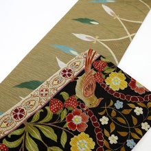 画像をギャラリービューアに読み込む, 【新品】『召しませ花』半幅帯 リバーシブル いちご泥棒×花唐草ライン 黒 カジュアル きもの 和装 BB10-4