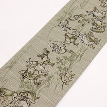 画像をギャラリービューアに読み込む, 【新品】 『召しませ華』 半幅帯 リバーシブル 鳥獣戯画×瓢箪のライン カジュアル グレー×緑 きもの 和装 BG10-4