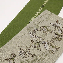 画像をギャラリービューアに読み込む, 【新品】 『召しませ華』 半幅帯 リバーシブル 鳥獣戯画×瓢箪のライン カジュアル グレー×緑 きもの 和装 BG10-4