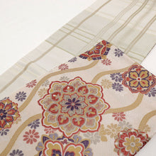 画像をギャラリービューアに読み込む, 新品『創世舎』半幅帯 リバーシブル 立涌に唐花×格子 ベージュ 長さ440cm以上 帯巾17cm 半巾帯 和装小物 きもの BY2-4