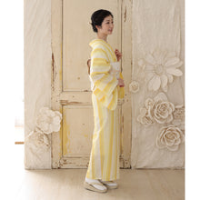 画像をギャラリービューアに読み込む, 洗える着物 阿波しじら【菜の花色の濃淡鰹縞】 D6 女性用 13m しじら織 反物 夏着物 単衣着物 ゆかた 木綿 フルオーダー お仕立て 普段着 湯通し済み 着付け 着物 浴衣 和装 レディース 家庭洗濯可 黄色