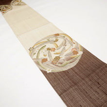 画像をギャラリービューアに読み込む, 【中古】夏袋帯『しょうざん』紗 生紬 水仙花の丸 カジュアル 生成り色 長さ440cm 帯巾30.5cm 正絹着物 FC3-13