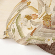 画像をギャラリービューアに読み込む, 【中古】夏袋帯『しょうざん』紗 生紬 水仙花の丸 カジュアル 生成り色 長さ440cm 帯巾30.5cm 正絹着物 FC3-13