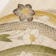 画像をギャラリービューアに読み込む, 【中古】夏袋帯『しょうざん』紗 生紬 水仙花の丸 カジュアル 生成り色 長さ440cm 帯巾30.5cm 正絹着物 FC3-13