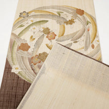 画像をギャラリービューアに読み込む, 【中古】夏袋帯『しょうざん』紗 生紬 水仙花の丸 カジュアル 生成り色 長さ440cm 帯巾30.5cm 正絹着物 FC3-13