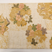 画像をギャラリービューアに読み込む, 【中古】豪華 袋帯『金華山織』市松に花の丸文 フォーマル 白×ベージュ 長さ448cm 帯巾30.5cm 和装 きもの 正絹着物 FY7-2