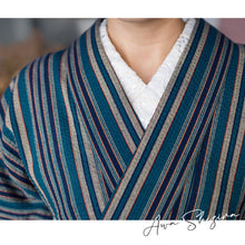 画像をギャラリービューアに読み込む, 洗える着物 阿波しじら【 碧と紺のトライプ 】 No,H54 女性用 13m しじら織 反物 夏着物 単衣着物 ゆかた 木綿 フルオーダー お仕立て 普段着 湯通し済み 着付け 着物 浴衣 和装 レディース 家庭洗濯可 青 ネイビー 青緑