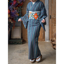 画像をギャラリービューアに読み込む, 洗える着物 阿波しじら【 碧と紺のトライプ 】 No,H54 女性用 13m しじら織 反物 夏着物 単衣着物 ゆかた 木綿 フルオーダー お仕立て 普段着 湯通し済み 着付け 着物 浴衣 和装 レディース 家庭洗濯可 青 ネイビー 青緑