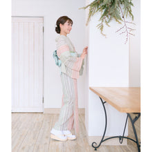 画像をギャラリービューアに読み込む, 洗える着物 阿波しじら 【生成地に若葉と藍と朱のトリコロール】 13m しじら織 No,H59 しじら織 反物 夏着物 単衣着物 ゆかた 木綿 フルオーダー お仕立て 普段着 湯通し済み 着付け 着物 浴衣 和装 レディース メンズ 家庭洗濯可 白 ホワイト