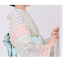 画像をギャラリービューアに読み込む, 洗える着物 阿波しじら 【生成地に若葉と藍と朱のトリコロール】 13m しじら織 No,H59 しじら織 反物 夏着物 単衣着物 ゆかた 木綿 フルオーダー お仕立て 普段着 湯通し済み 着付け 着物 浴衣 和装 レディース メンズ 家庭洗濯可 白 ホワイト