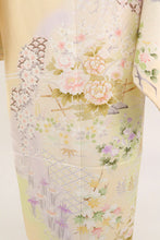 画像をギャラリービューアに読み込む, 仮絵羽 訪問着 籬に麗しの花々模様 フォーマル 黄色 薄香色 和装きもの 袷正絹着物 HY9-15