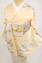 画像をギャラリービューアに読み込む, 仮絵羽 訪問着 籬に麗しの花々模様 フォーマル 黄色 薄香色 和装きもの 袷正絹着物 HY9-15