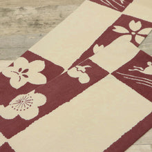 画像をギャラリービューアに読み込む, 【新品】 半幅帯 『ひでや工房』 四季花市松柄 ウサギ アイボリー 小豆色 褐色 長さ400cm 帯巾16cm 綿100% リバーシブル 半巾帯