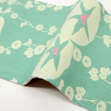 画像をギャラリービューアに読み込む, 【新品】 半幅帯 『ひでや工房』 あさがお立涌模様 グリーン ピンク リバーシブル 長さ400cm 帯巾16cm 綿100% 半巾帯