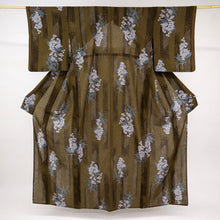 画像をギャラリービューアに読み込む, 【中古】長尺 洗える夏着物『コムサデモード』掠れ縞に竜胆の花 カジュアル 茶 身丈168.5cm 裄丈63cm 和装 化繊着物 KC6-30