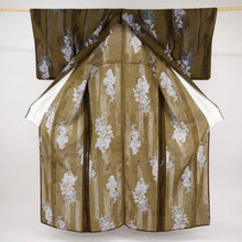 画像をギャラリービューアに読み込む, 【中古】長尺 洗える夏着物『コムサデモード』掠れ縞に竜胆の花 カジュアル 茶 身丈168.5cm 裄丈63cm 和装 化繊着物 KC6-30
