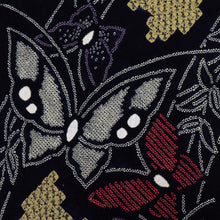 画像をギャラリービューアに読み込む, 手しぼり 浴衣反物 曲線に大小の蝶 濃紺 木綿 長さ12.2m 反巾37.5cm カジュアル お仕立可 夏着物 反25-146