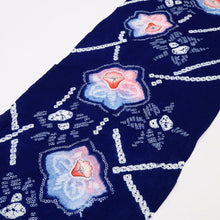 画像をギャラリービューアに読み込む, 手しぼり 浴衣反物 彩りのクレマチス花模様 紺 木綿 長さ12.6m 反巾38cm カジュアル お仕立可 夏着物 反25-148