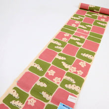 画像をギャラリービューアに読み込む, 浴衣反物 ブランド『ツモリチサト』市松に桜松模様 緑×ピンク 木綿 夏着物 反巾38cm 長さ12m カジュアル 普段着 お仕立て可 反25-161