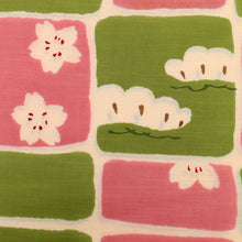 画像をギャラリービューアに読み込む, 浴衣反物 ブランド『ツモリチサト』市松に桜松模様 緑×ピンク 木綿 夏着物 反巾38cm 長さ12m カジュアル 普段着 お仕立て可 反25-161