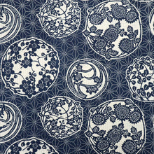 画像をギャラリービューアに読み込む, 浴衣反物『新粋染』綿麻紅梅 小紋 麻の葉に花の丸文 紺 カジュアル 綿麻着物長さ13m 反巾40cm お仕立て可 反25-44