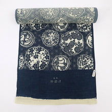 画像をギャラリービューアに読み込む, 浴衣反物『新粋染』綿麻紅梅 小紋 麻の葉に花の丸文 紺 カジュアル 綿麻着物長さ13m 反巾40cm お仕立て可 反25-44