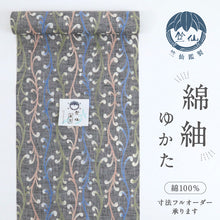 画像をギャラリービューアに読み込む, 新品『竺仙』浴衣反物 綿紬 グレー地 立涌唐草 木綿 夏着物 長さ12m 反巾38cm 紺×白 カジュアル お仕立て可 反26-15