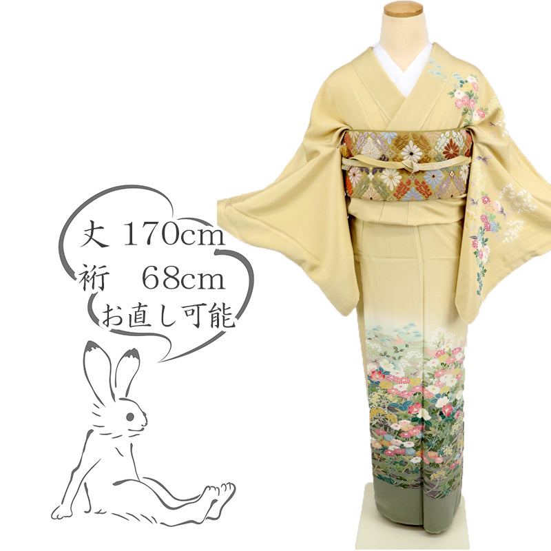 【中古】訪問着 長尺 作家物 彩り爛漫の花模様 フォーマル 略礼装 枯色 イエロー クリーム色 身丈170cm 裄丈68cm 落款有 袷正絹着物 HY2-26 lsize