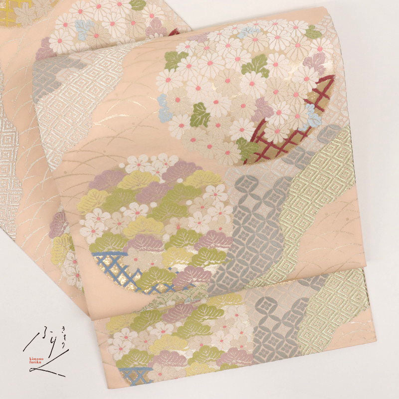 【中古】袋帯 本金箔緑茶染め『卆寿唐織』花の丸文 フォーマル ピンク色 長さ440cm 帯幅31cm 正絹着物 FM9-14