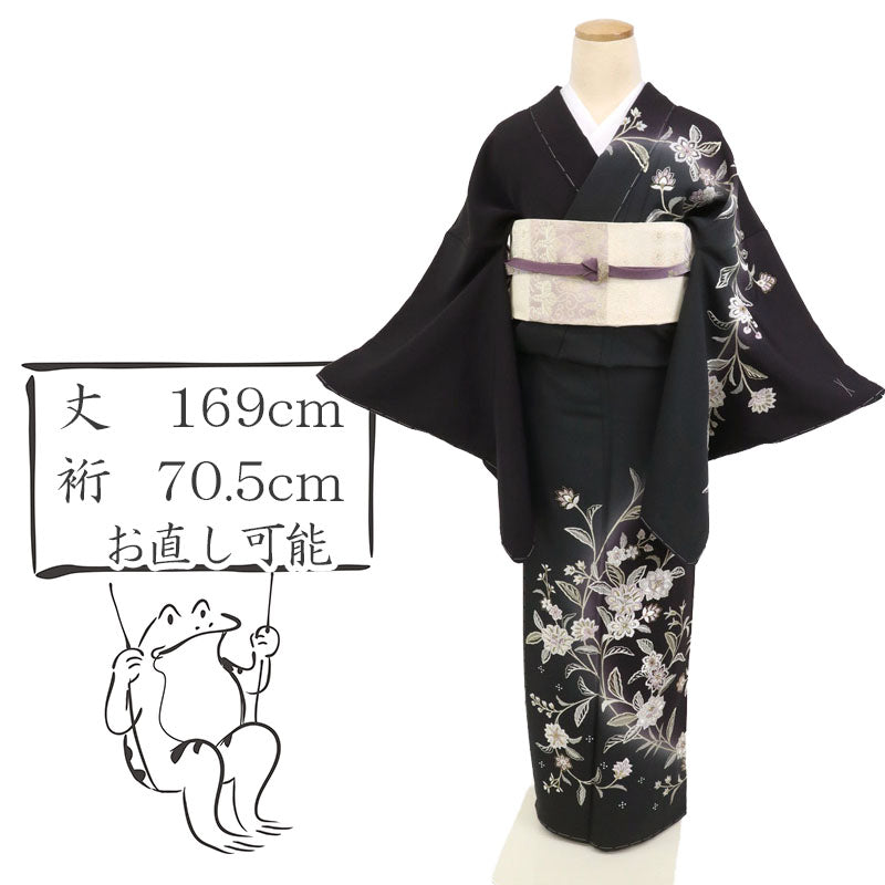 【中古】訪問着 極上刺繍 麗しの花唐草模様 長尺 フォーマル 略礼装 黒紫色 ブラック 身丈169cm 裄丈70.5cm 袷正絹着物 きもの 和装HB12-17