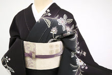画像をギャラリービューアに読み込む, 【中古】訪問着 極上刺繍 麗しの花唐草模様 長尺 フォーマル 略礼装 黒紫色 ブラック 身丈169cm 裄丈70.5cm 袷正絹着物 きもの 和装HB12-17
