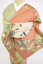 画像をギャラリービューアに読み込む, 仮絵羽 訪問着 雲取り 古典花々に辻が花 フォーマル 略礼装 ピンク 緑 グリーン 袷正絹着物 きもの 和装 HM3-26

