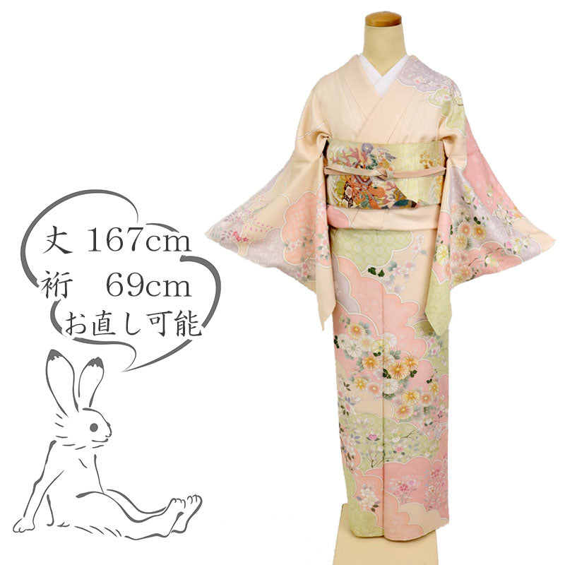 【中古】特選訪問着 長尺 雲取りに彩る四季の花々 フォーマル 略礼装 濃淡ピンク 身丈167cm 裄丈69cm 袷正絹着物 きもの 和装 HM9-7 lsize