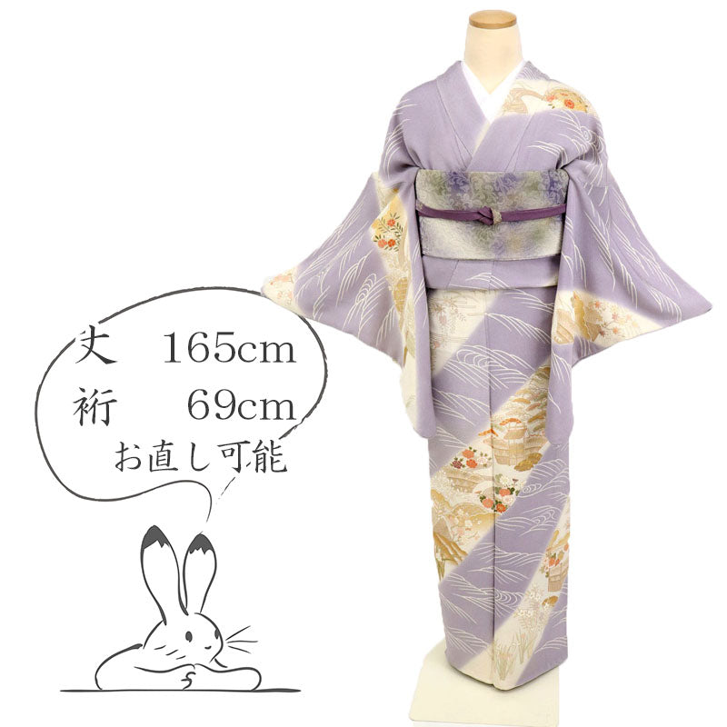【中古】訪問着 長尺 緩やか斜線に立浪と御所解き文様 フォーマル 藤色 略礼装 身丈165cm 裄丈69cm 和装袷正絹着物 HP9-6 lsize トールサイズ