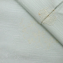 画像をギャラリービューアに読み込む, 【中古】長尺 色無地 線霞に雪輪の地紋 背紋有 灰黄緑 水色 セミフォーマル 身丈171.5cm 裄丈68cm 袷正絹着物 lsize トールサイズ IG1-3
