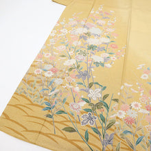 画像をギャラリービューアに読み込む, 【中古】長尺 訪問着 梅菊笹に藤の花 濃淡からし色叩き染め 薄黄色 身丈163cm 裄丈64.5cm 袷正絹着物 lsize トールサイズ［きものふりく］HY3-9
