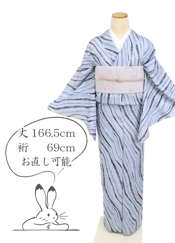 【中古】涼やか小紋 長尺 『夏の絽』 斜めの縞に植物柄 淡藤色 パープル 身丈166.5cm 裄丈69cm カジュアル 正絹着物 きもの KA6-34 lsize