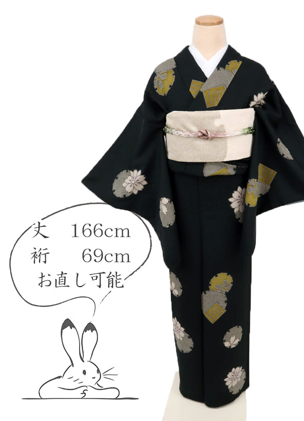 【中古】特選品 小紋 カジュアル 長尺 雪輪に桜の花と源氏香 黒地 ブラック 身丈166cm 裄丈69cm 袷正絹着物 和装 きもの KB12-35 lsize