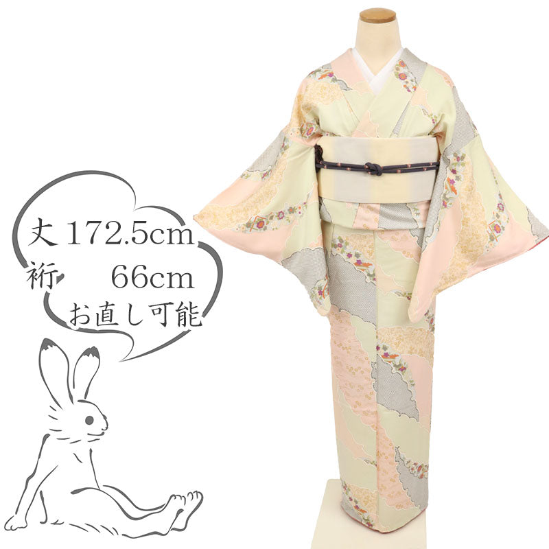 【中古】小紋 重ね雪輪花の寄せ柄模様 長尺 カジュアル ピンクグリーン 袷正絹着物 きもの 和装 KM4-3