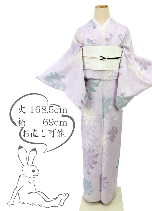 【中古】単衣 小紋 紫 ピンク 長尺 大きい 艶やか 唐草葉模様 カジュアル 身丈168.5cm 裄丈69cm 正絹 着物 和装 きもの KP7-21 lsize