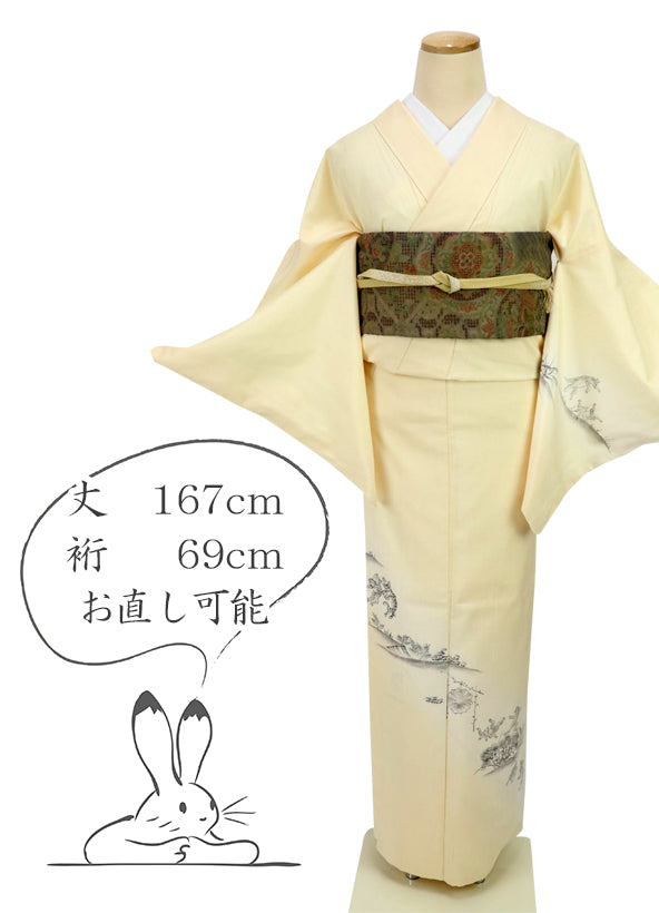 【中古】 付下げ 生紬 作家物 鳥獣人物戯画 筆描き カジュアル 外出着 クリーム色 身丈167cm 裄丈69cm 袷正絹着物 趣味きもの MS8-5 lsize
