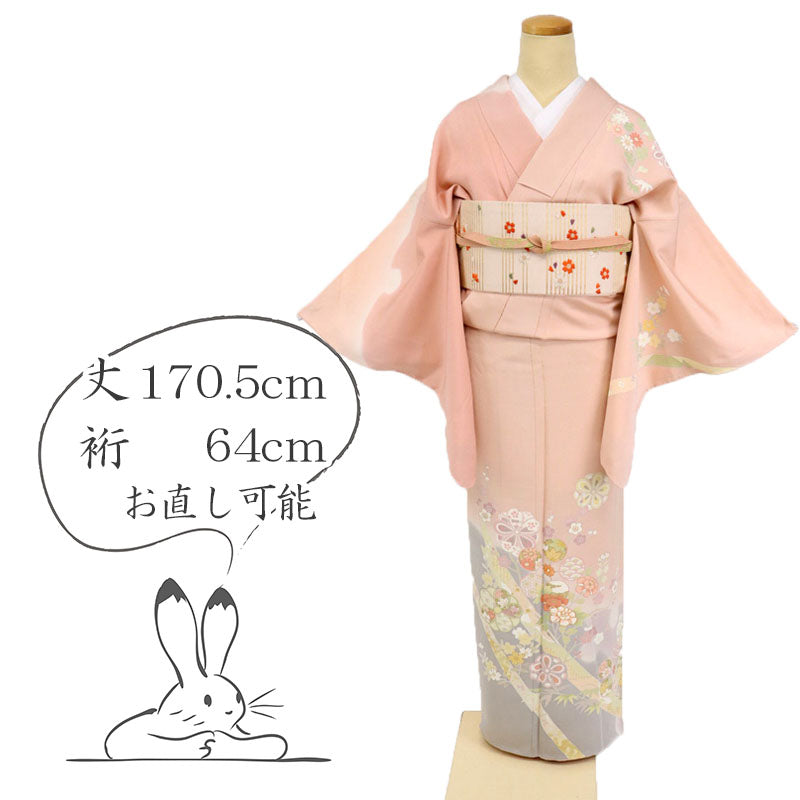 【中古】訪問着 長尺 吉祥文松竹梅 作家物落款有 フォーマル 略礼装 ピンク 身丈170.5cm裄丈64cm 袷正絹着物 きもの 和装 SM11-11 lsize