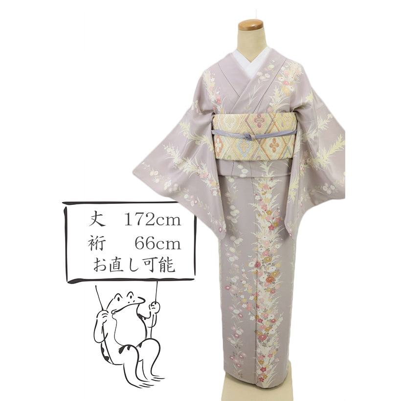 【中古】長尺 作家物落款 植物影柄縞菊梅花 訪問着 フォーマル 略礼装 薄梅鼠色 身丈172cm 裄丈66cm 袷正絹着物 SP3-20 lsize