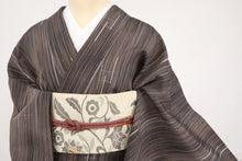 画像をギャラリービューアに読み込む, 【中古】単衣 ぜんまい お召 『七代目吉澤与市』 長尺 小紋 カジュアル 身丈166.5cm 裄丈65.5cm 刷毛目縞 正絹着物 きもの 和装 TC5-9 lsize
